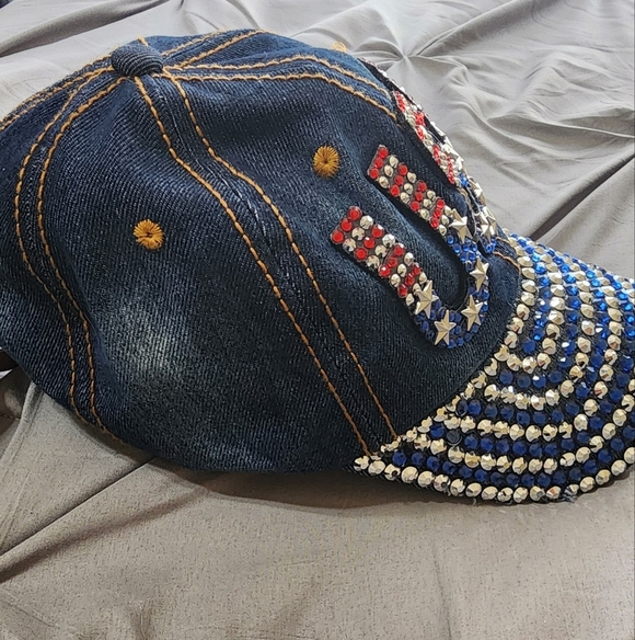 USA Jewel Studded Baseball Cap Star Bling Rhinestone Distressed Jean Denim Hat - Picture 3 of 5
